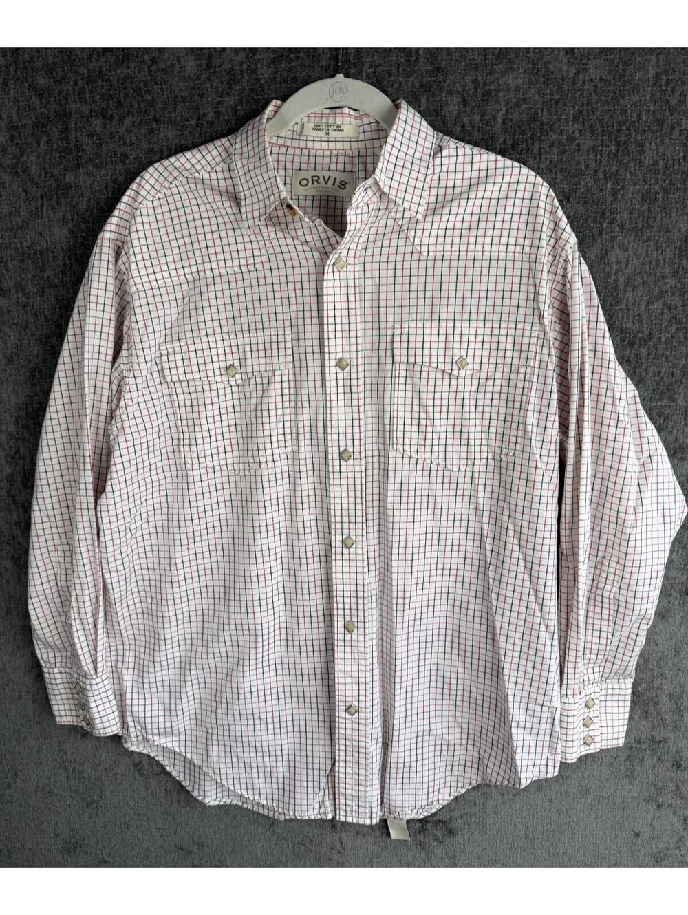 Orvis Mens Medium Pearl Snap Western Shirt White Red Navy Grid Plaid Long Sleeve